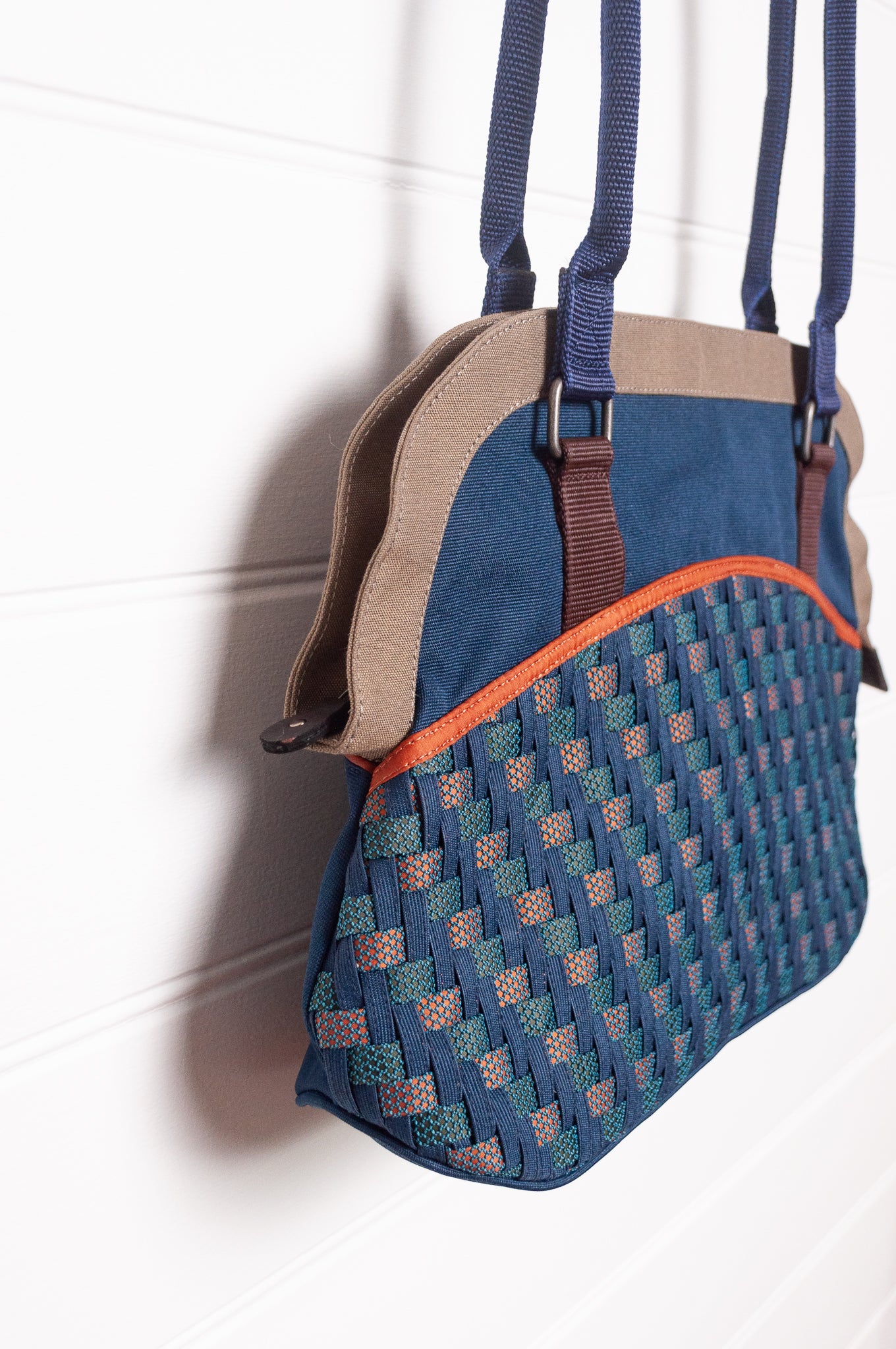 Anna Kaszer Fox bag in navy, taupe and burgundy, with double shoulder straps and woven braid panel.