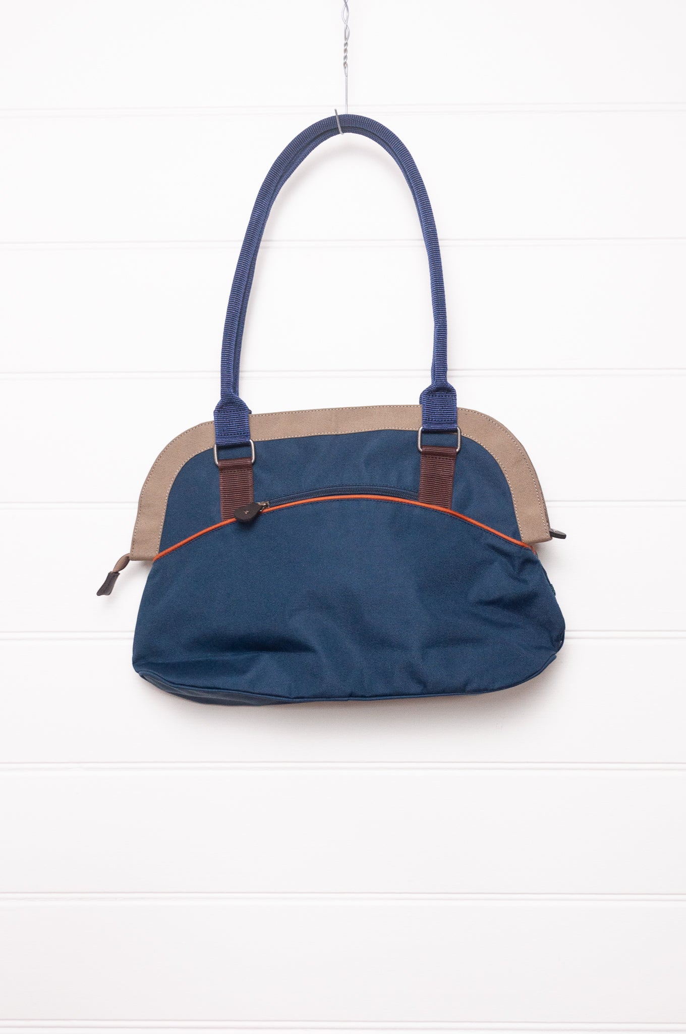 Anna Kaszer Fox bag in navy, taupe and burgundy, with double shoulder straps and woven braid panel.