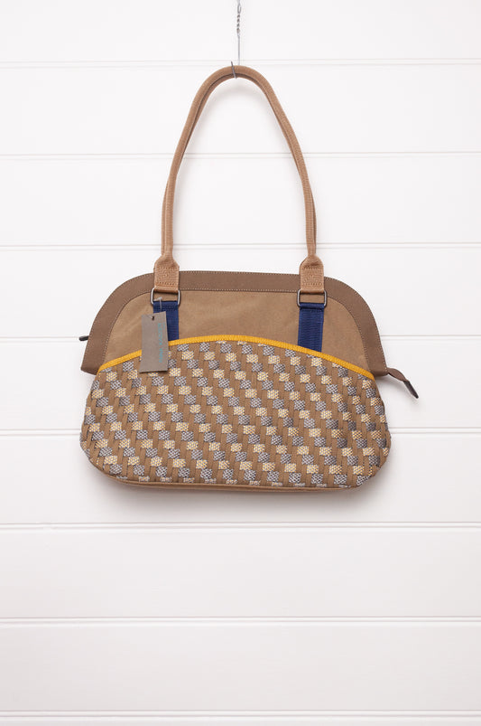 Anna Kaszer Fox bag in taupe, with double shoulder straps and woven braid panel.