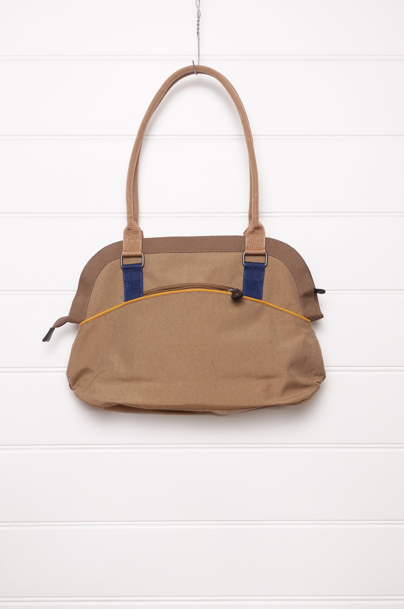 Anna Kaszer Fox bag in taupe, with double shoulder straps and woven braid panel.