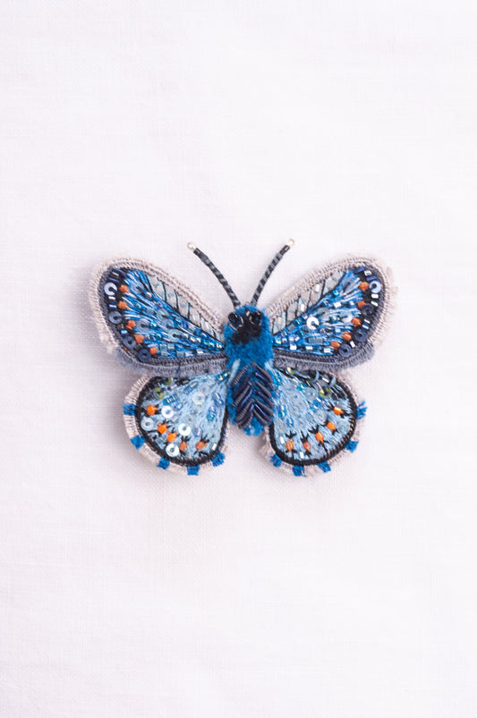 Trovelore hand embroidered and beeded Adonis bluel butterfly brooch.