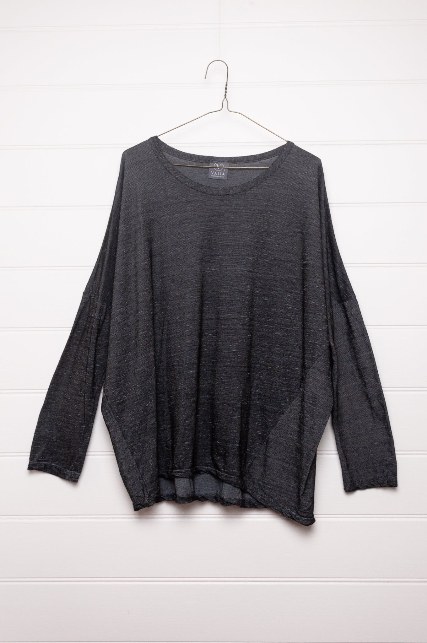 Valia merino wool jersey cocoon tunic in Mussel charcoal grey.