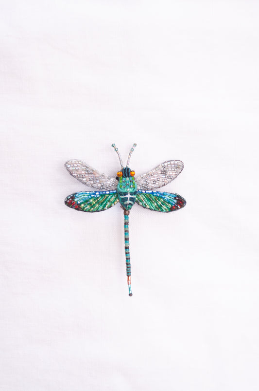 Trovelore hand embroidered and beaded Oriental greenwing dragonfly brooch.