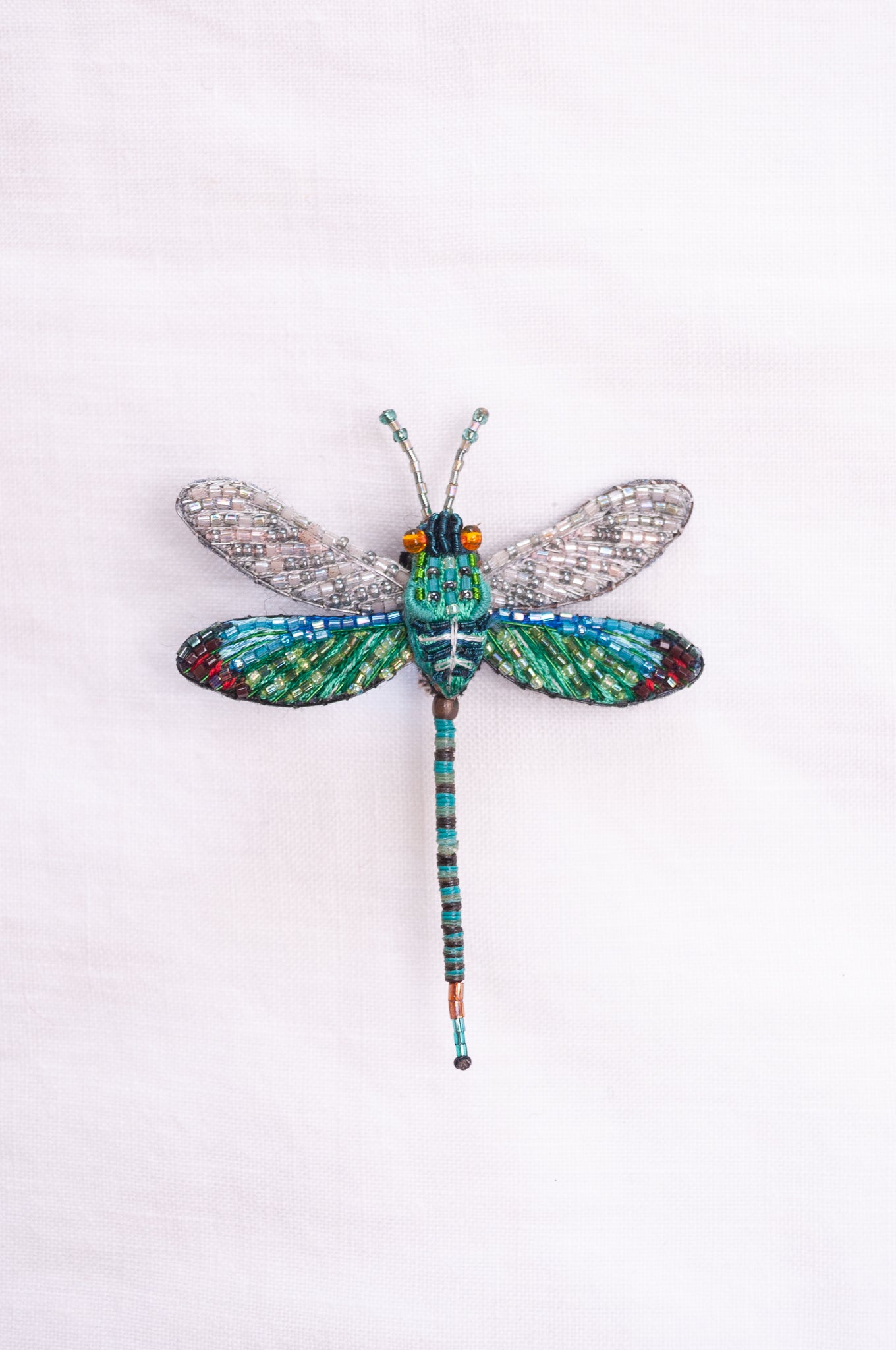 Trovelore hand embroidered and beaded Oriental greenwing dragonfly brooch.