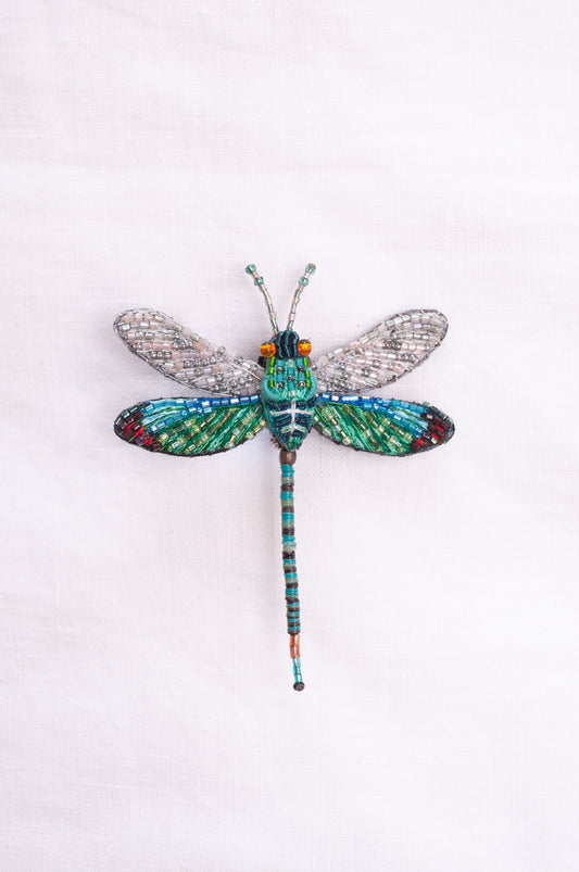 Trovelore hand embroidered and beaded Oriental greenwing dragonfly brooch.