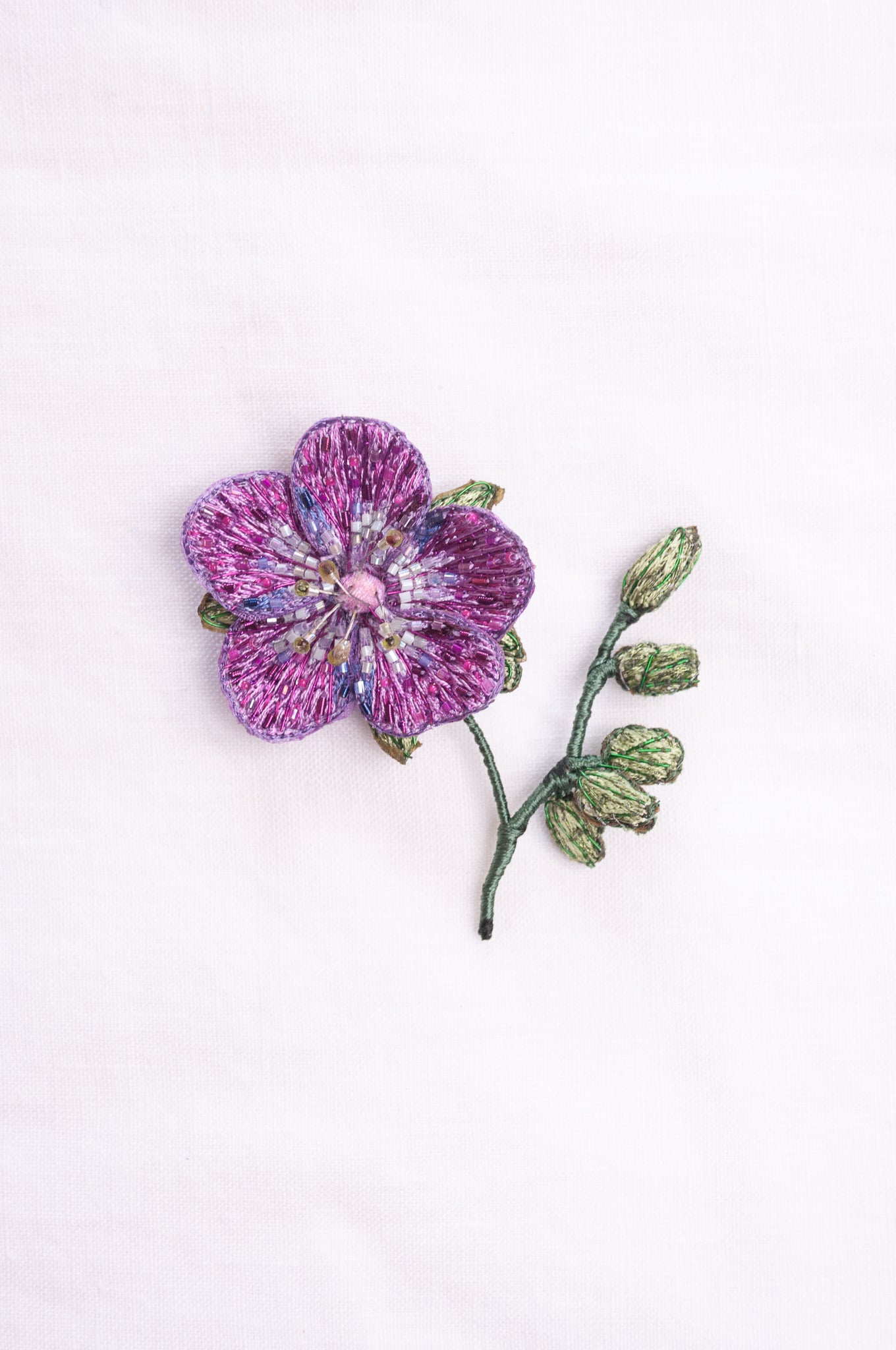 Trovelore hand embroidered and beaded Purple geranium brooch.