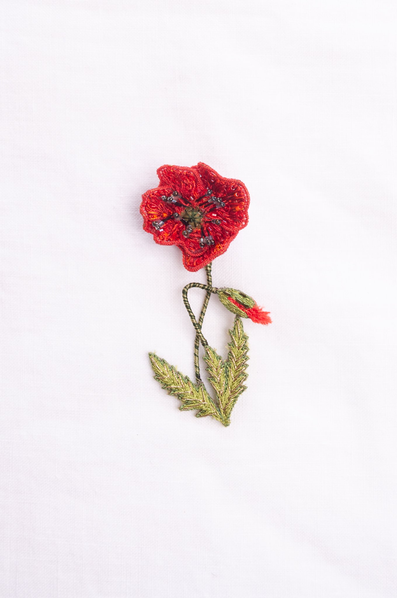 Trovelore hand embroidered and beaded Field poppy brooch.