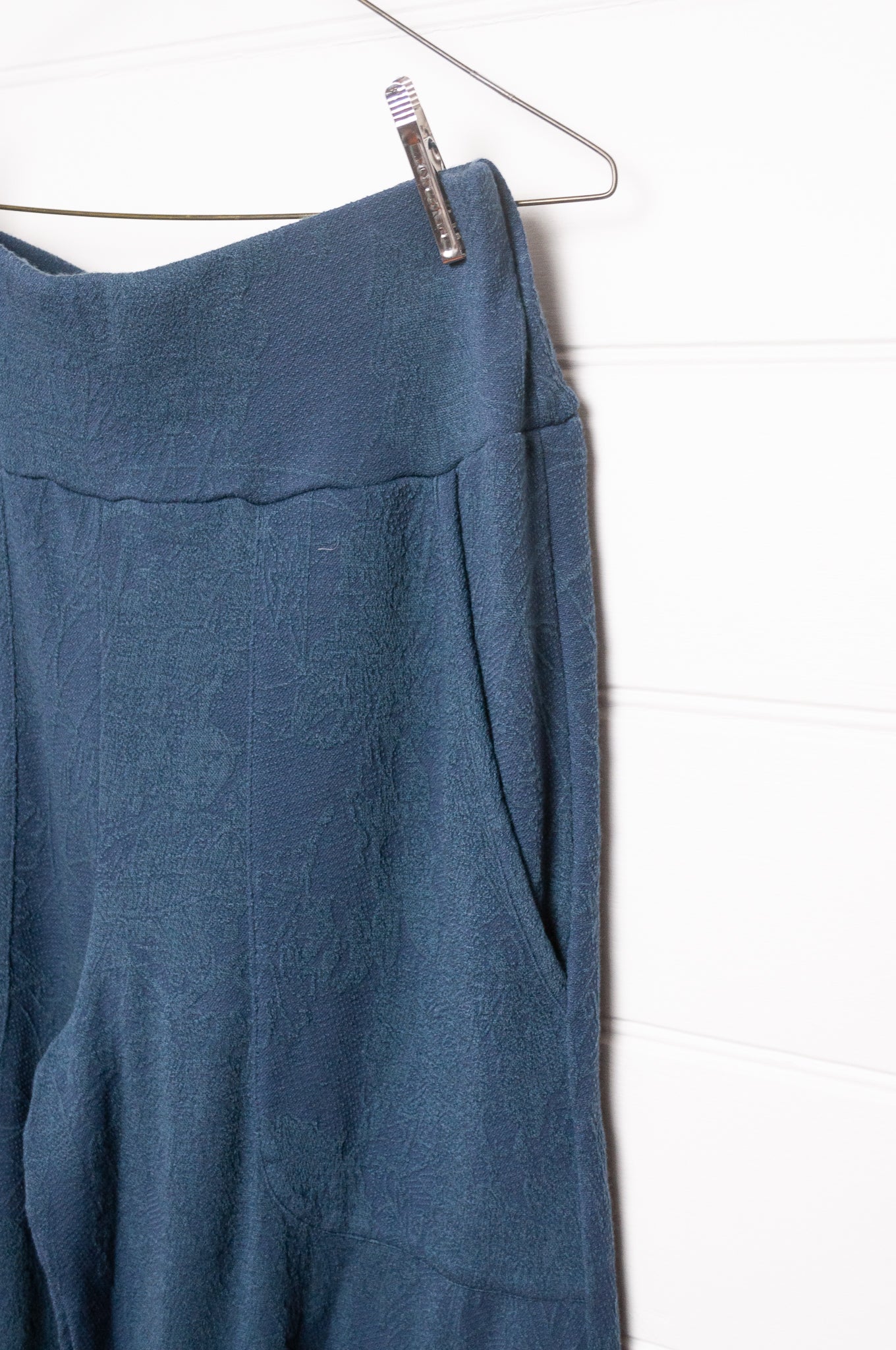 Valia merino wool jacquard knit travel pants in denim blue.