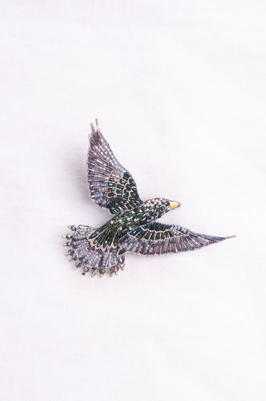 Trovelore hand embroidered and beeded Starling brooch.