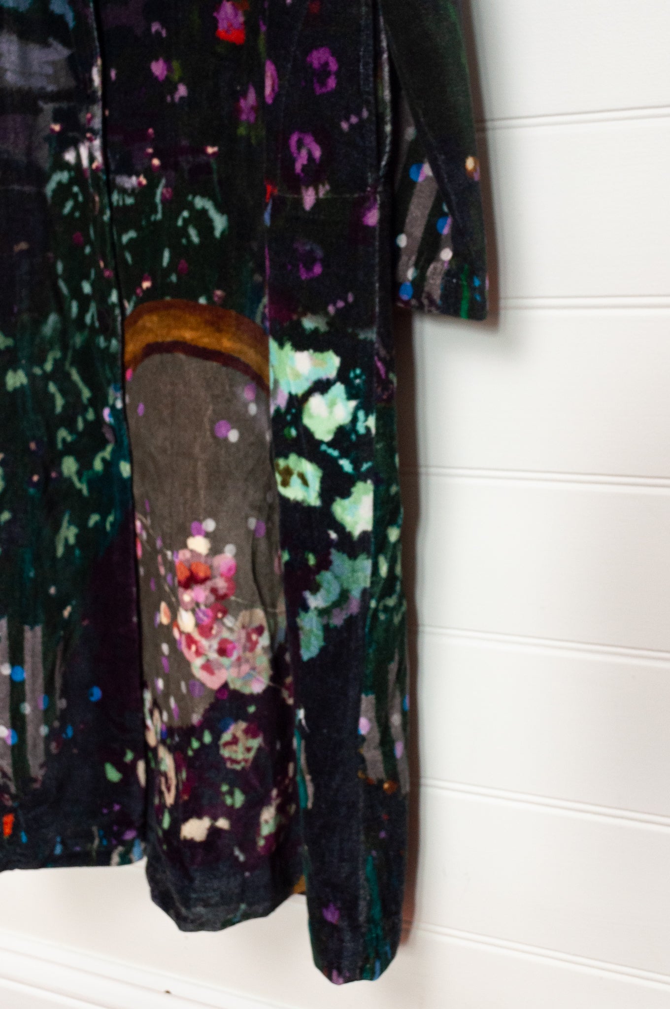Yavi floral print cotton velvet full length coat.