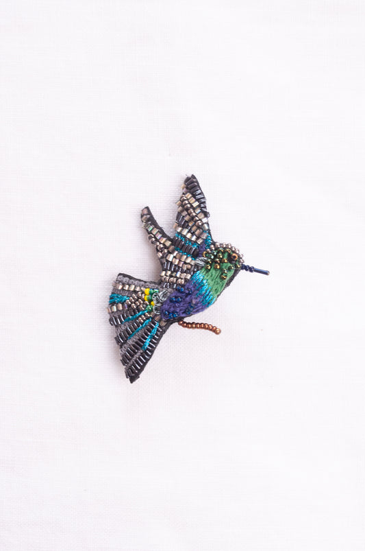 Trovelore hand embroidered and beeded Green crowned woodnymph brooch.
