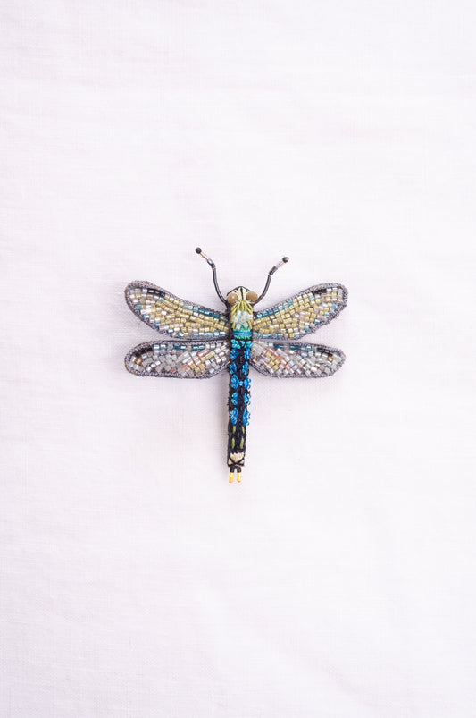 Trovelore hand embroidered and beaded Common hawker dragonfly brooch.