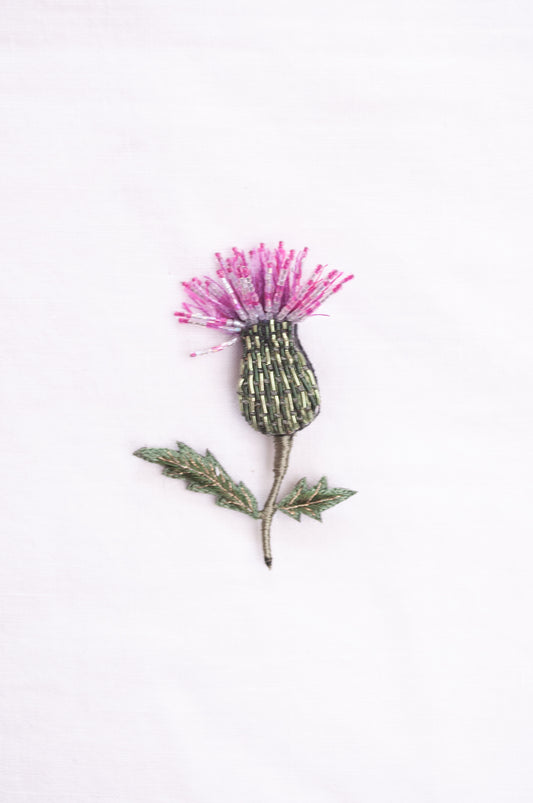 Trovelore hand embroidered and beaded Spear thistle brooch.