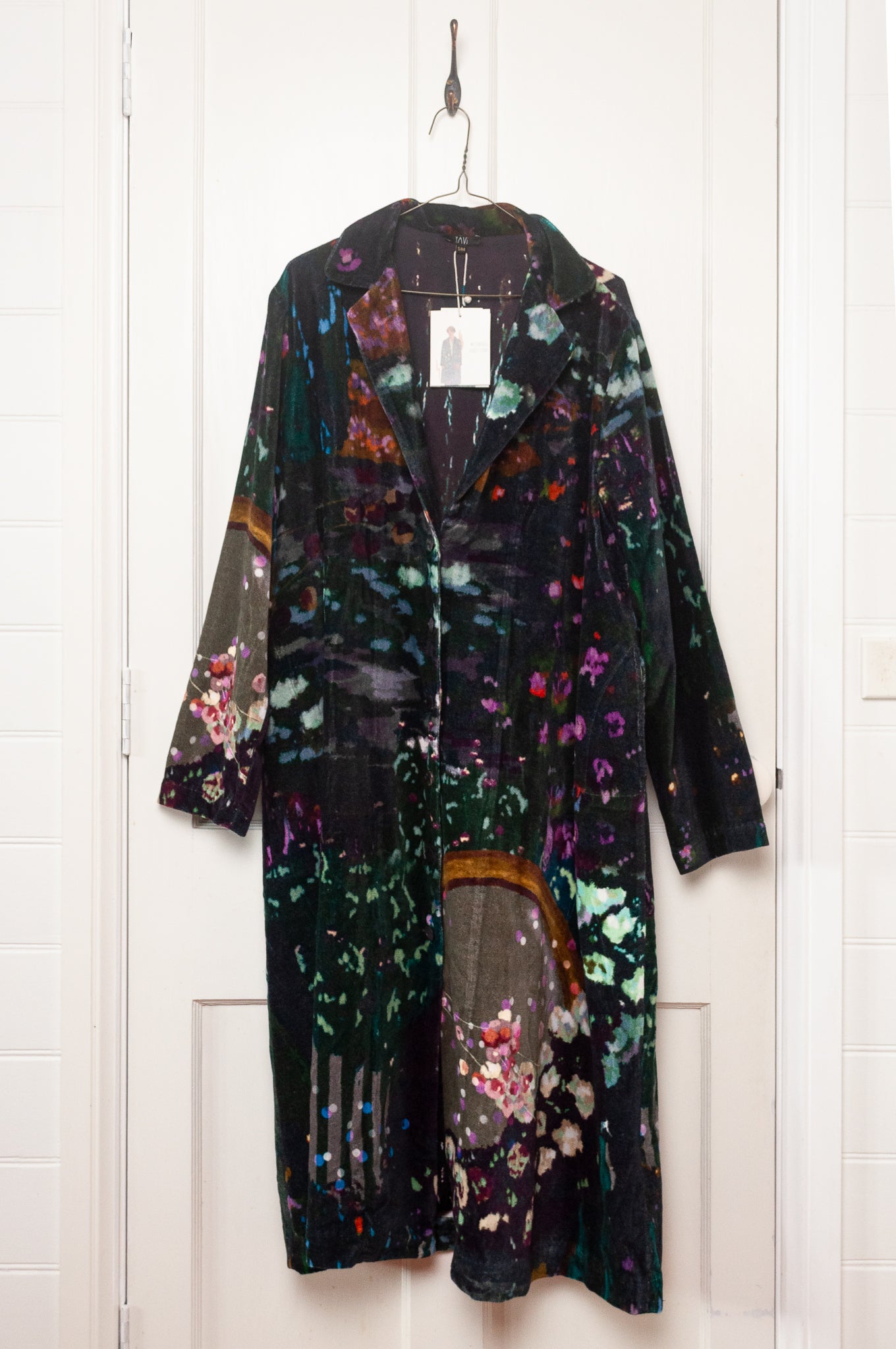 Yavi floral print cotton velvet full length coat.