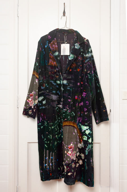 Yavi floral print cotton velvet full length coat.
