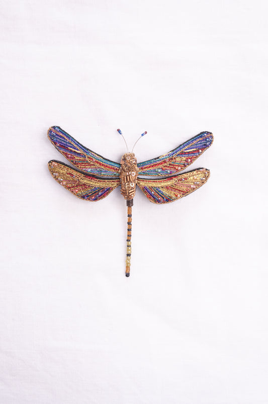 Trovelore hand embroidered and beaded Brown hawker dragonfly brooch.
