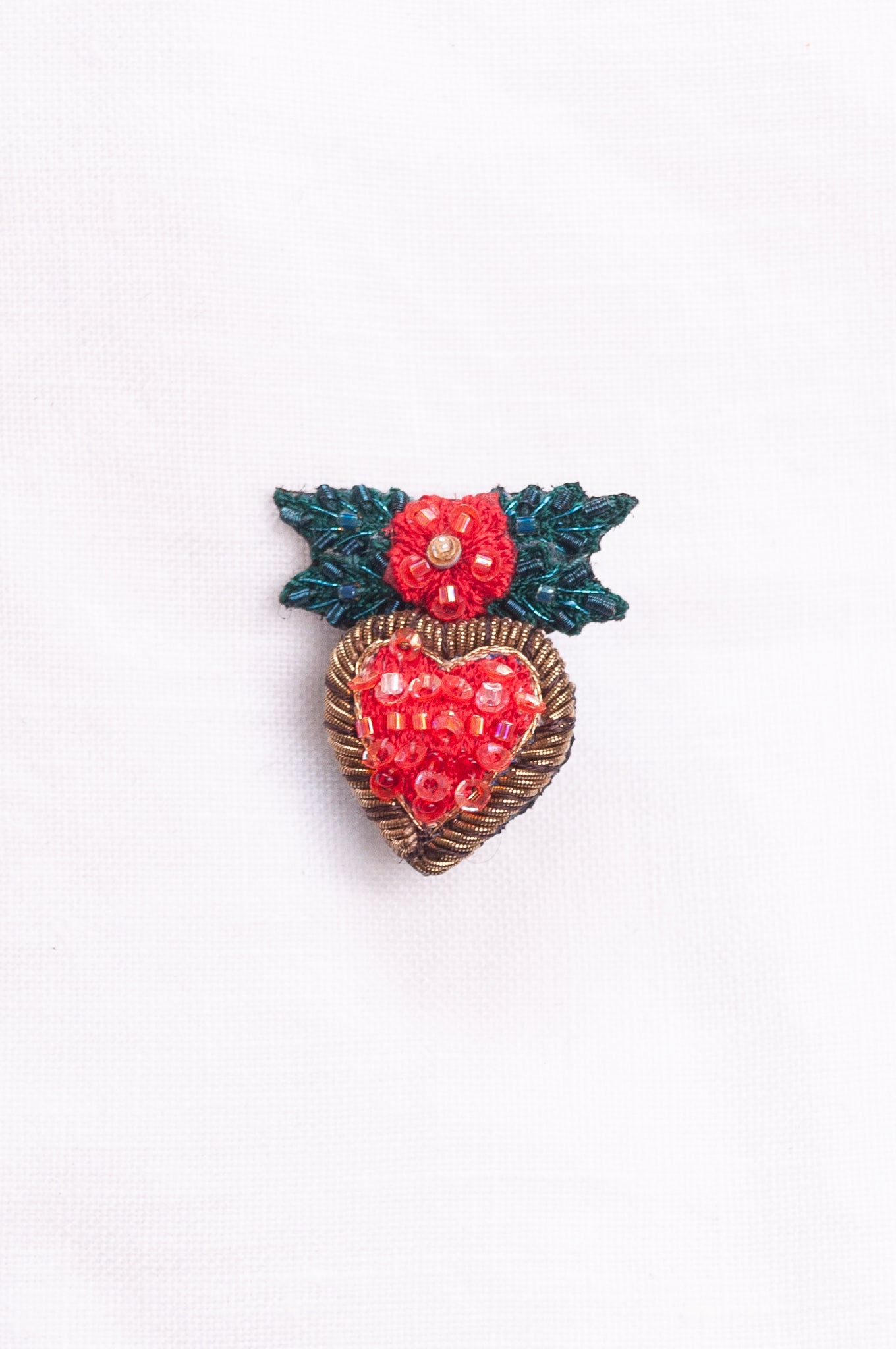 Trovelore hand beaded and embroidered holly and heart brooch.