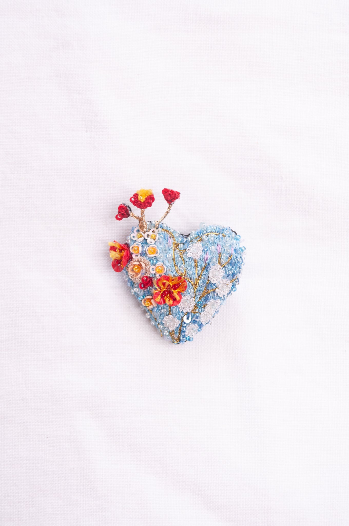 Trovelore hand embroidered and beaded Heart blossoms brooch.
