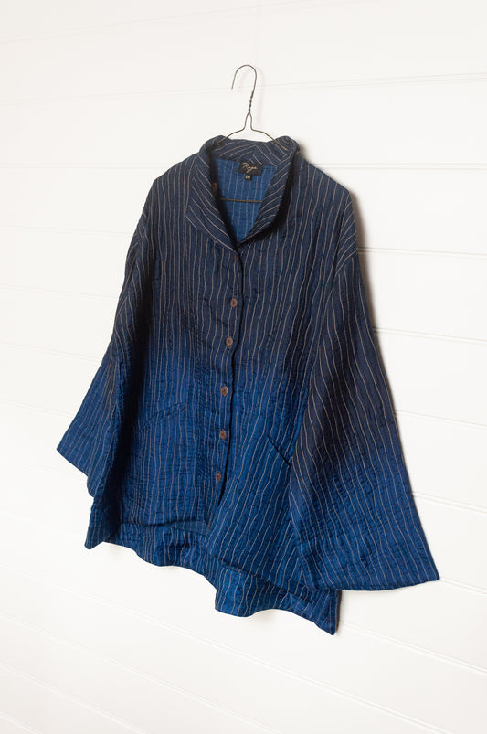 Raga silk quilted jacket ombre dyed in indigo blue.