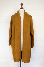 Load image into Gallery viewer, Baby yak wool Tasha cardigan, one size longline shawl collar in maize, mustard yellow.