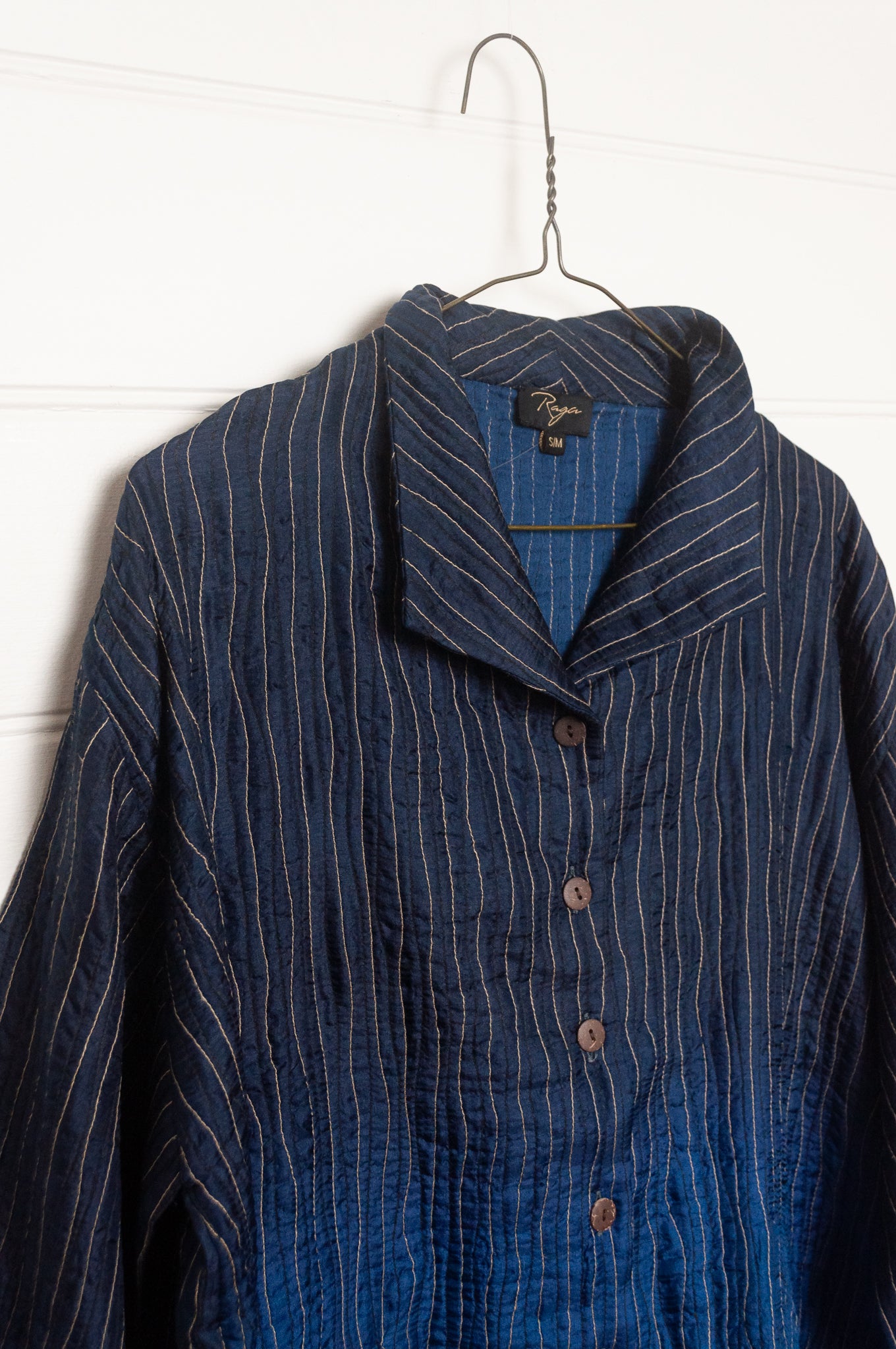 Raga silk quilted jacket ombre dyed in indigo blue.