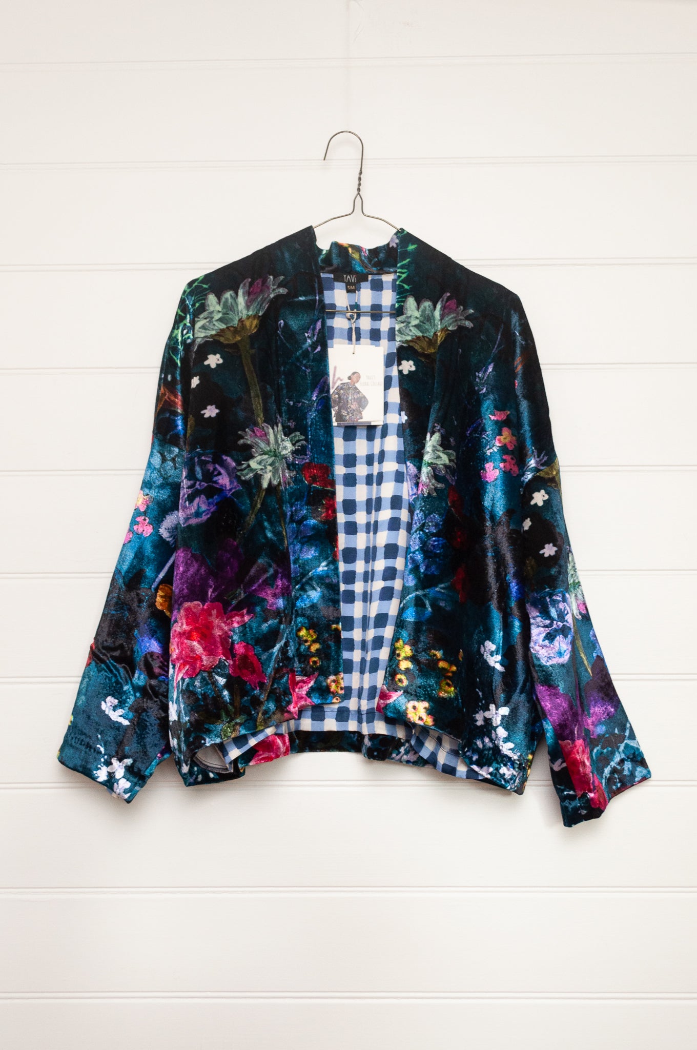 Yavi silk velvet kimono crop jacket in vibrant floral print on teal blue.
