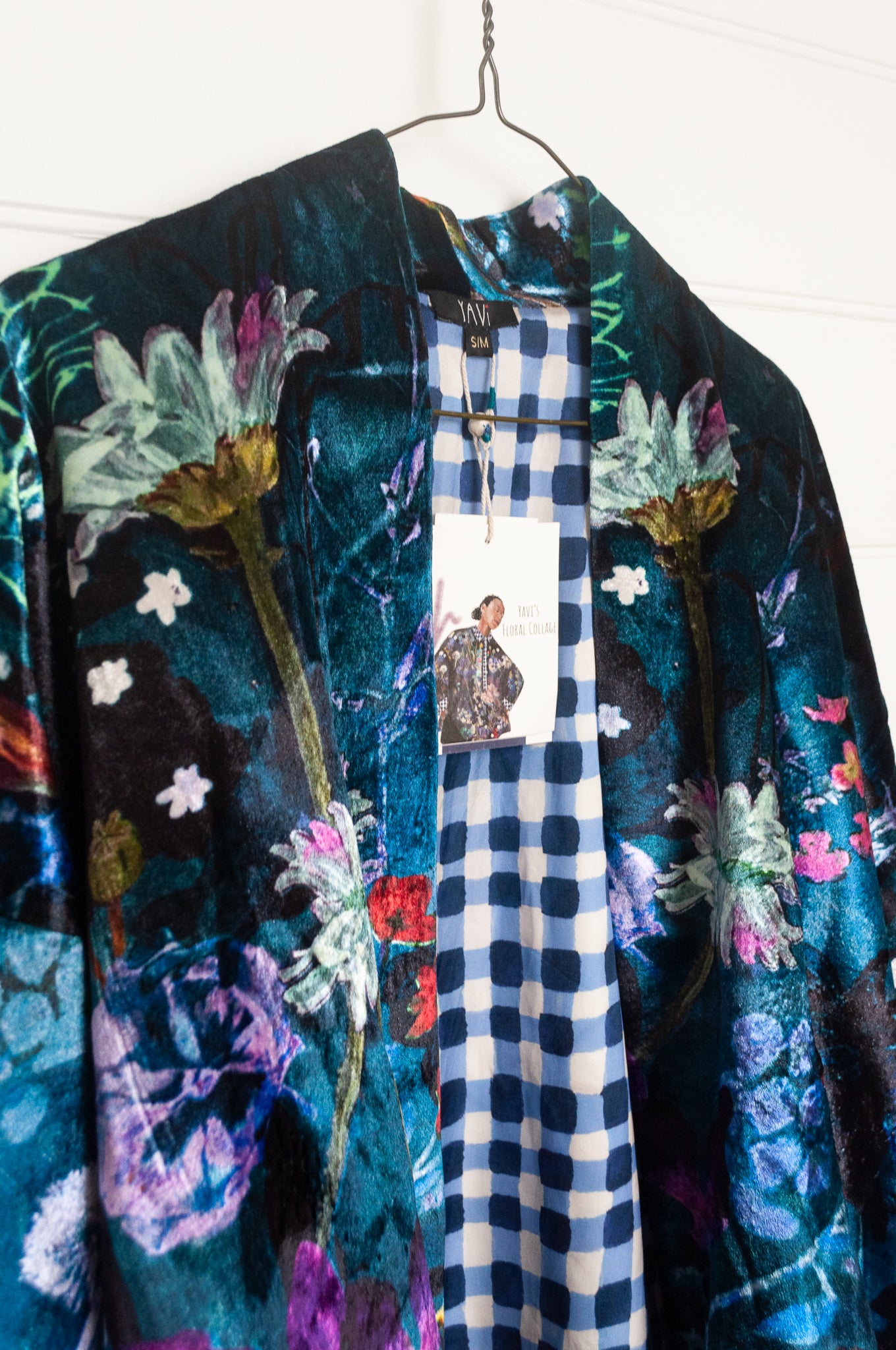 Yavi silk velvet kimono crop jacket in vibrant floral print on teal blue.