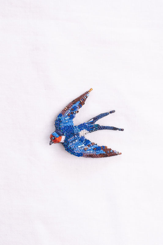 Trovelore hand embroidered and beeded Flying swallow brooch.