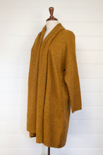 Load image into Gallery viewer, Baby yak wool Tasha cardigan, one size longline shawl collar in maize, mustard yellow.