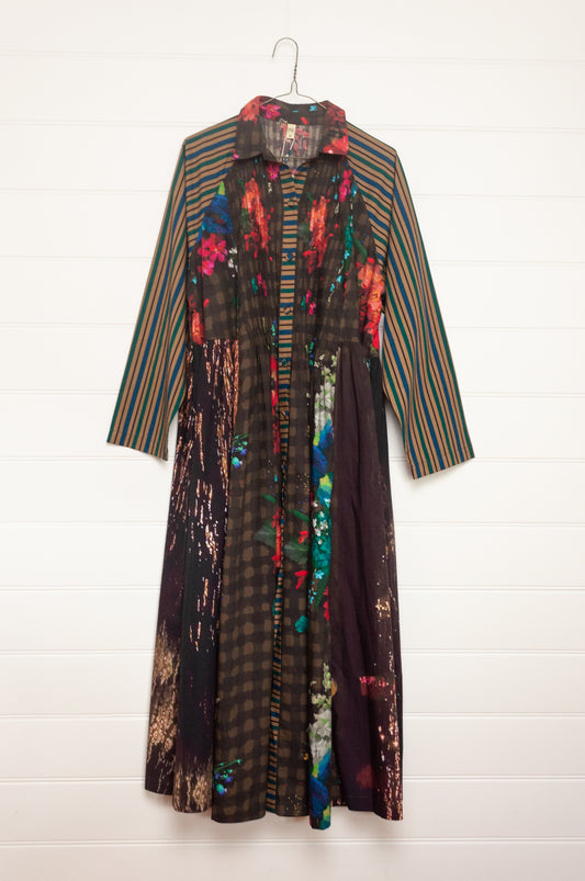 Yavi panelled shirtdress in check floral and stripe prints.