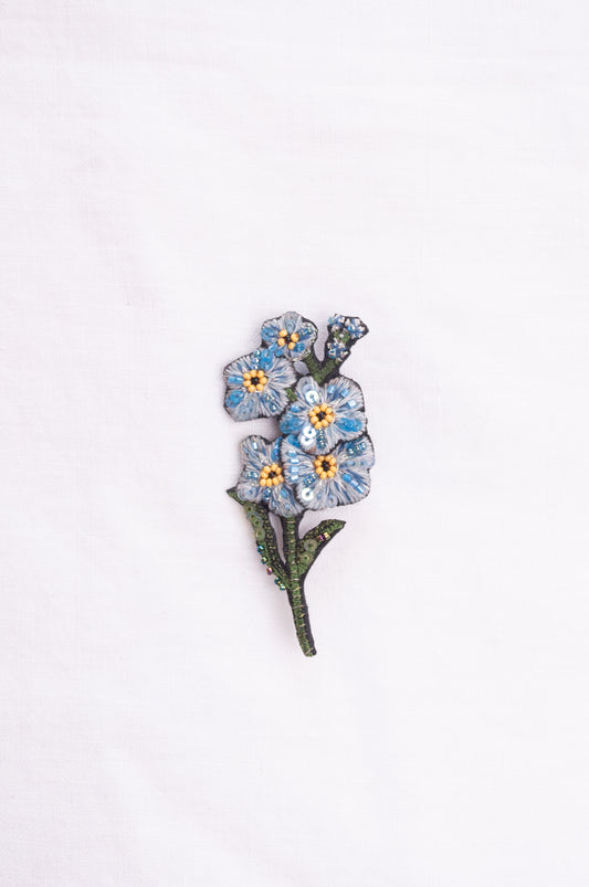 Trovelore hand embroidered and beaded Forget-me-not brooch.