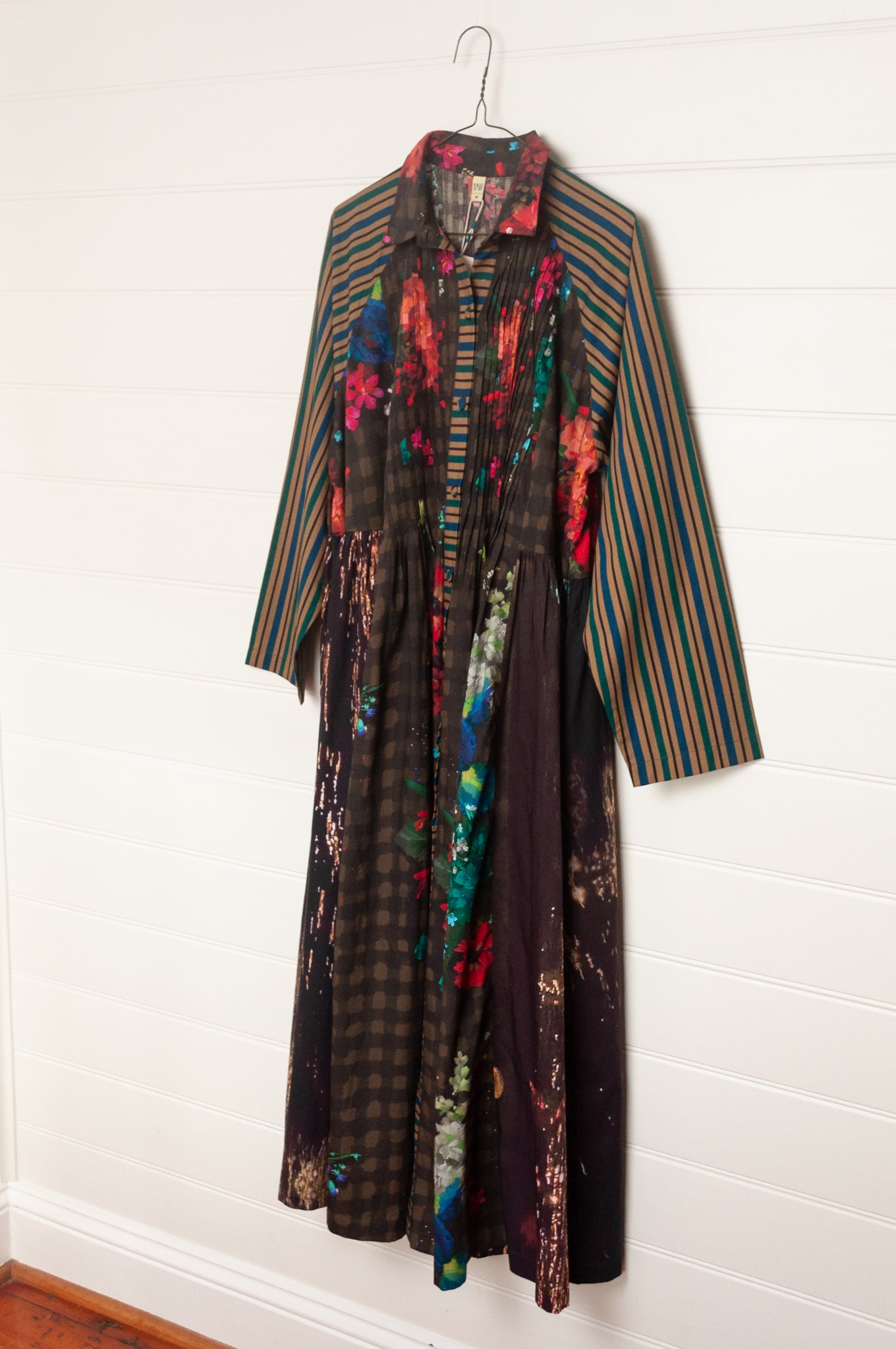 Yavi panelled shirtdress in check floral and stripe prints.