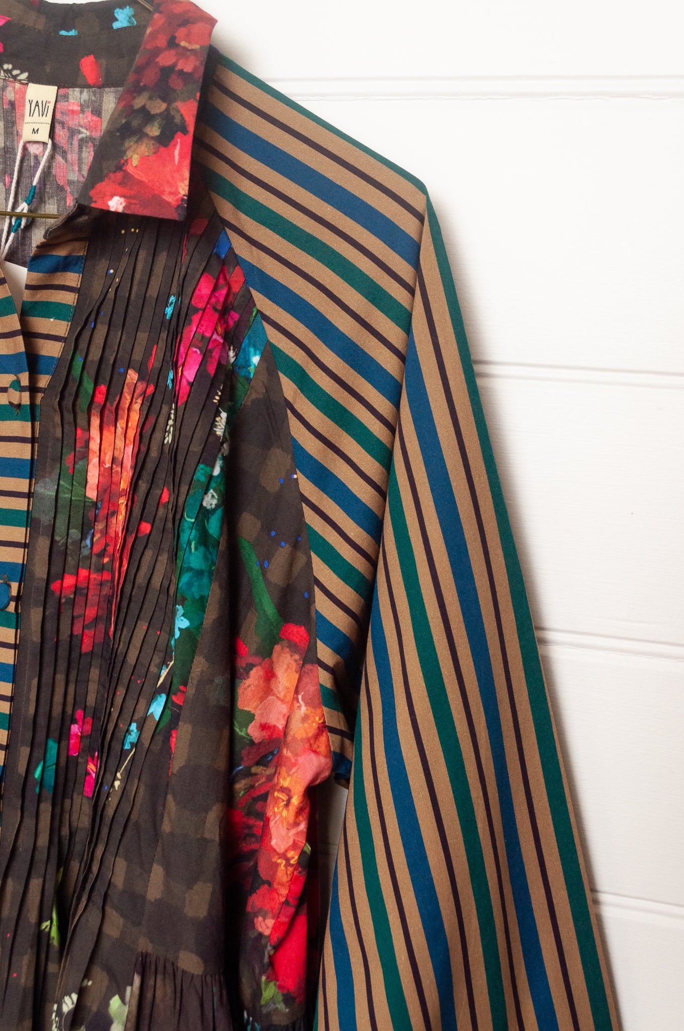 Yavi panelled shirtdress in check floral and stripe prints.