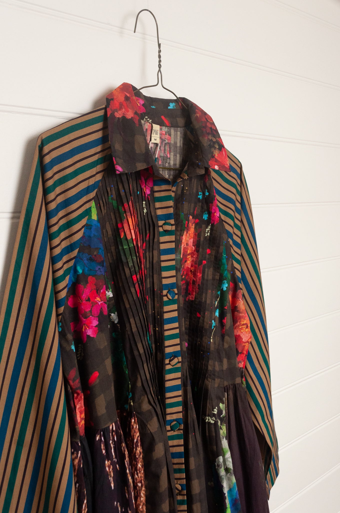 Yavi panelled shirtdress in check floral and stripe prints.