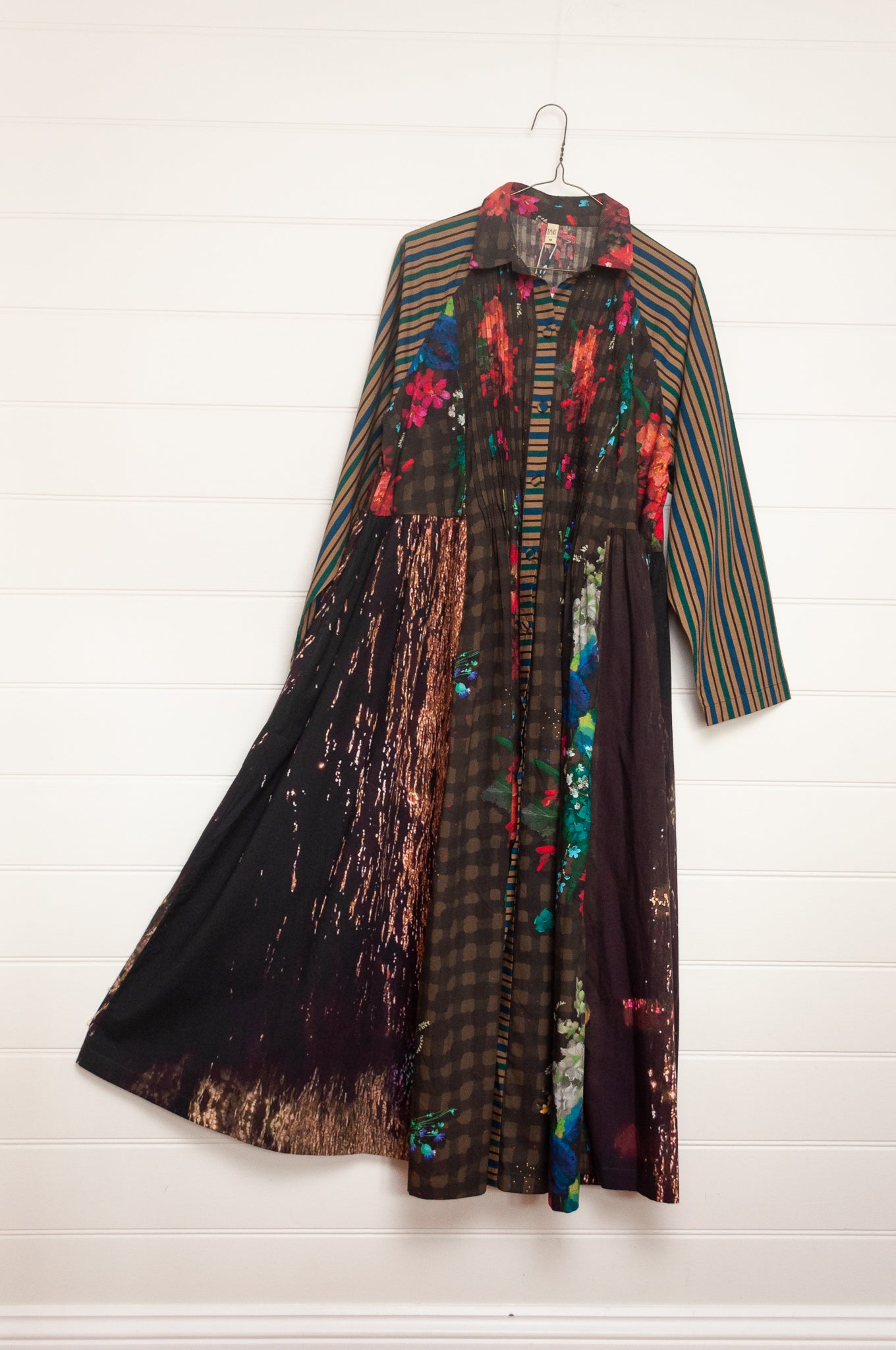 Yavi panelled shirtdress in check floral and stripe prints.