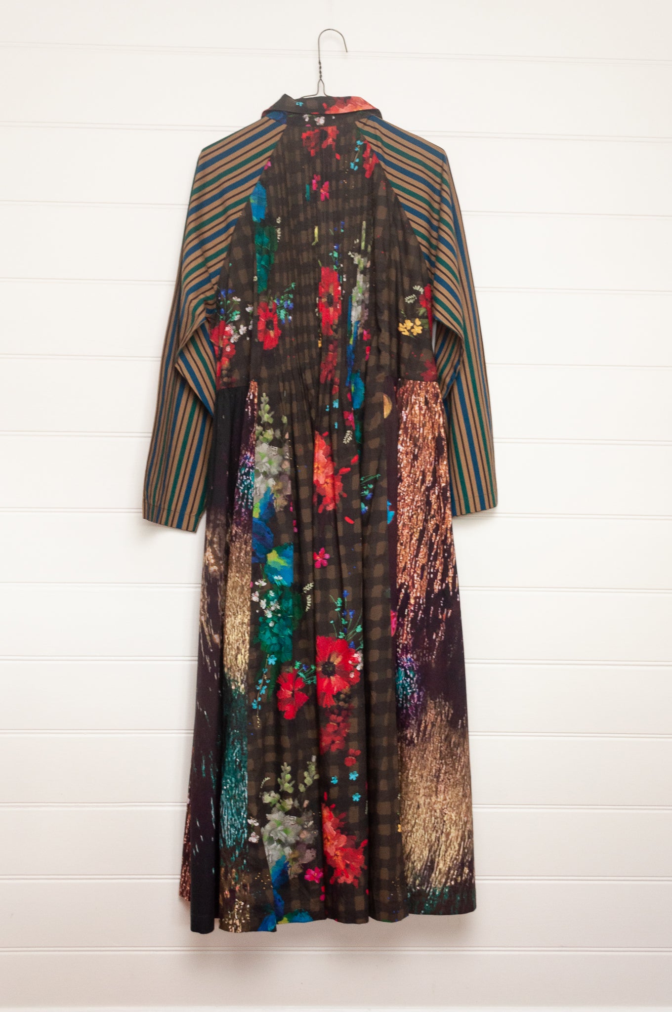 Yavi panelled shirtdress in check floral and stripe prints.