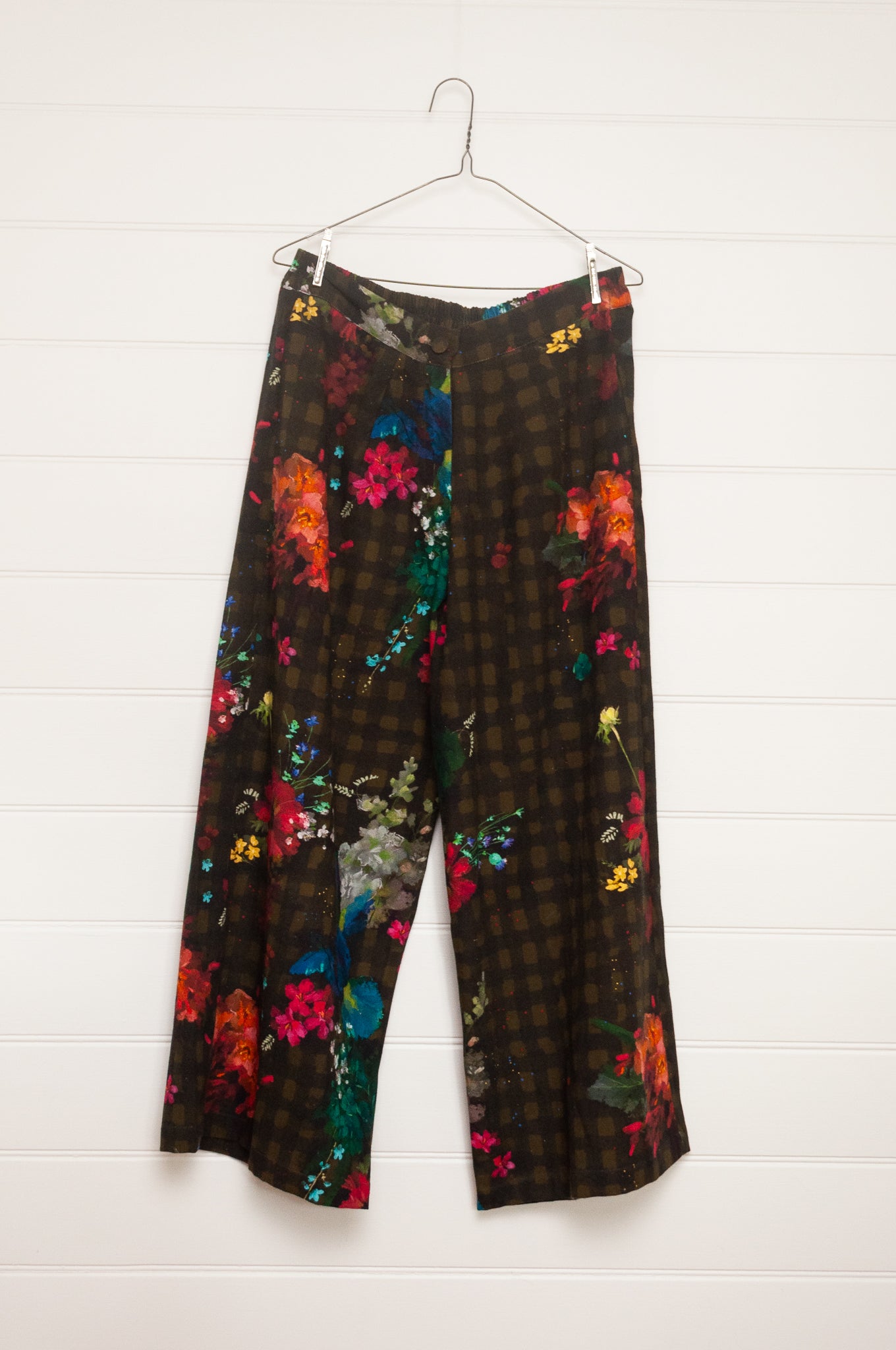 Yavi floral and check print cotton canvas wide leg pants.