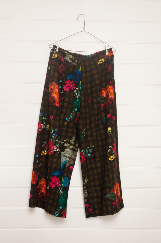 Yavi floral and check print cotton canvas wide leg pants.