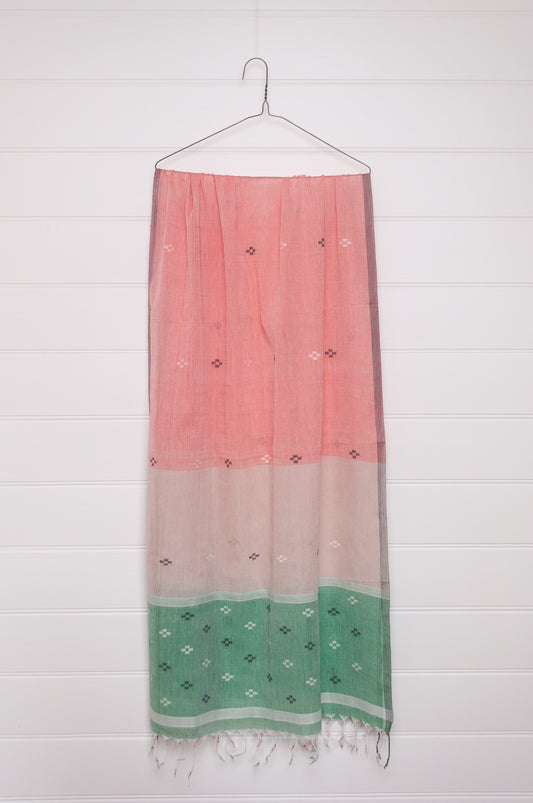 Handwoven light cotton jamdani scarf in light emerald green, coral and white.