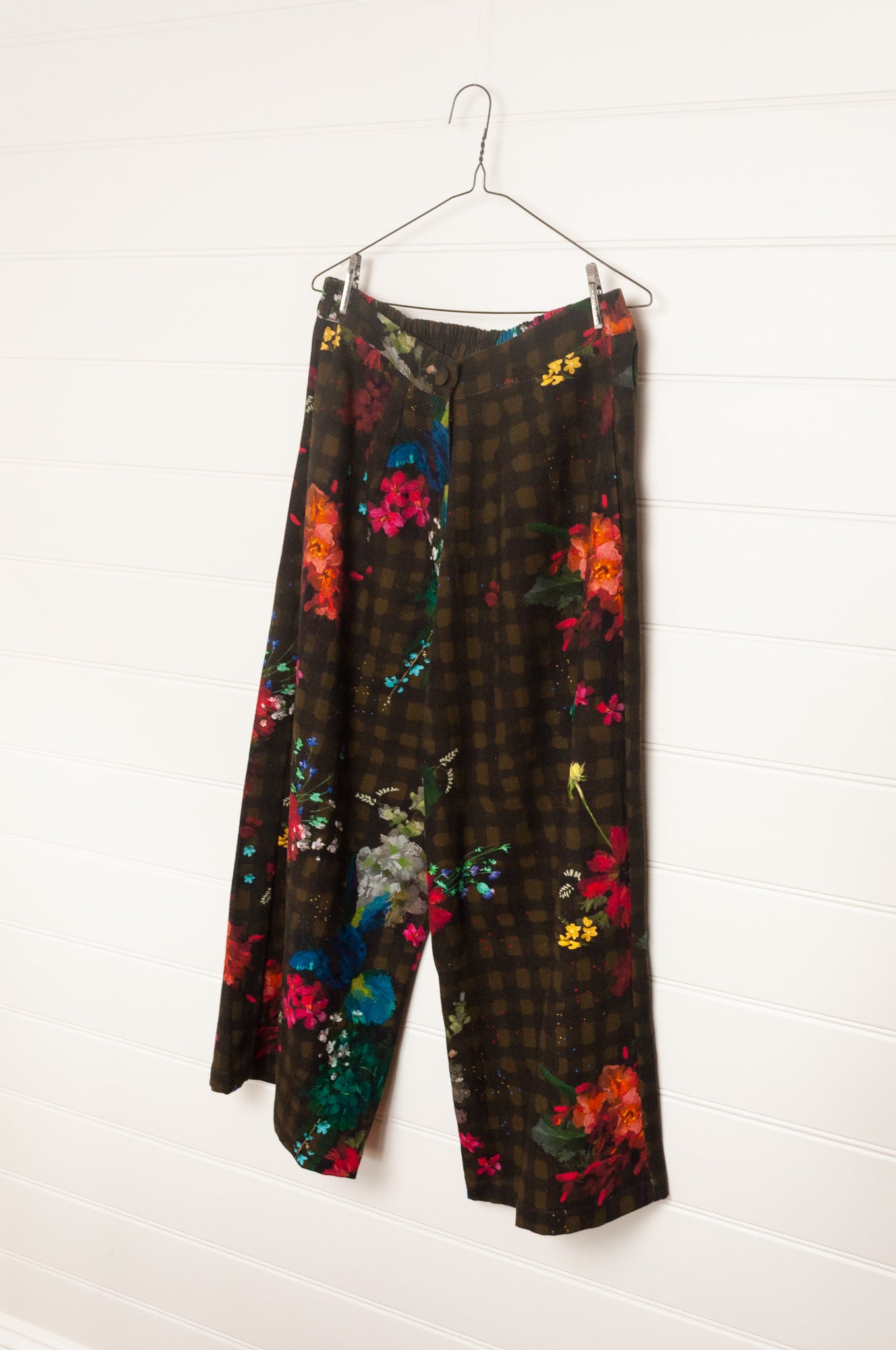 Yavi floral and check print cotton canvas wide leg pants.