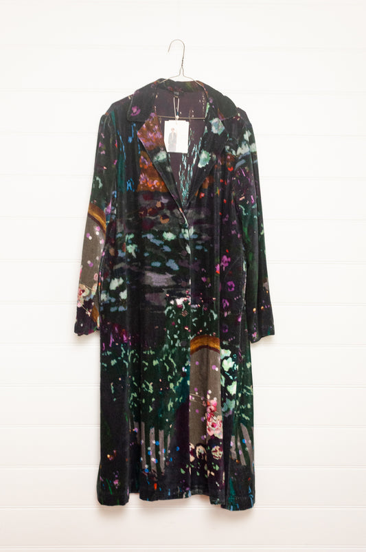 Yavi floral print cotton velvet full length coat.