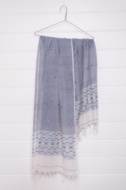 Handwoven light cotton light indigo panelled jamdani scarf with stripes and border motifs.