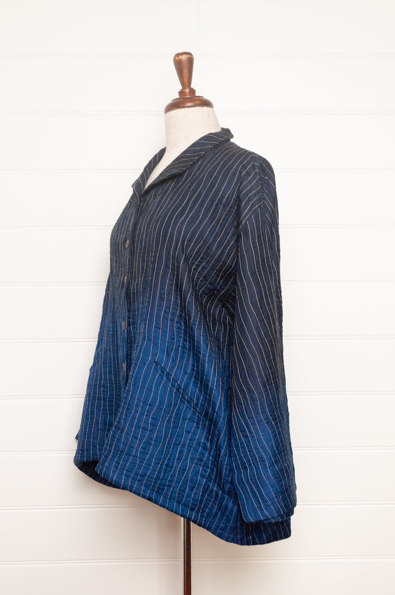 Raga silk quilted jacket ombre dyed in indigo blue.