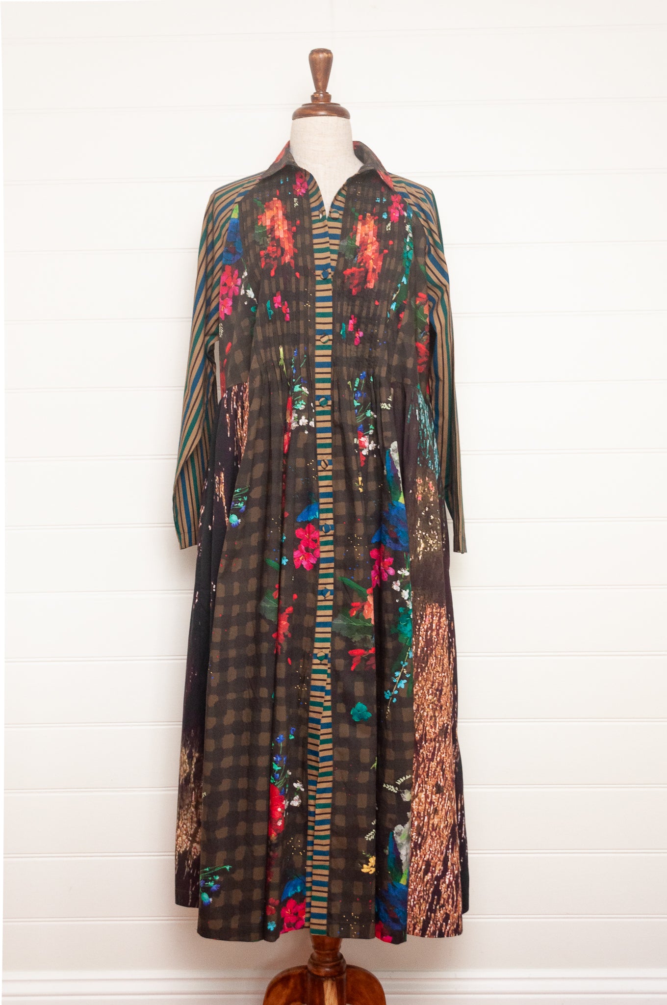 Yavi panelled shirtdress in check floral and stripe prints.