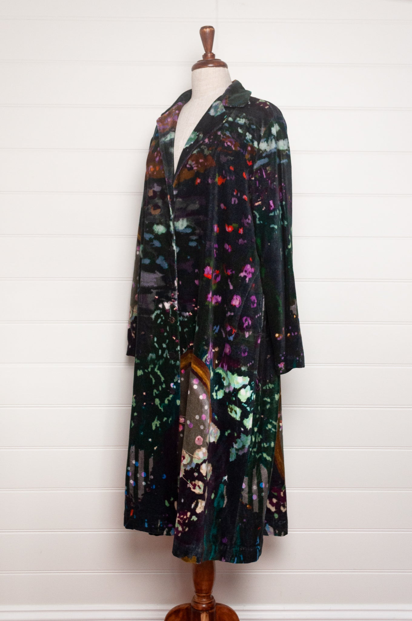 Yavi floral print cotton velvet full length coat.