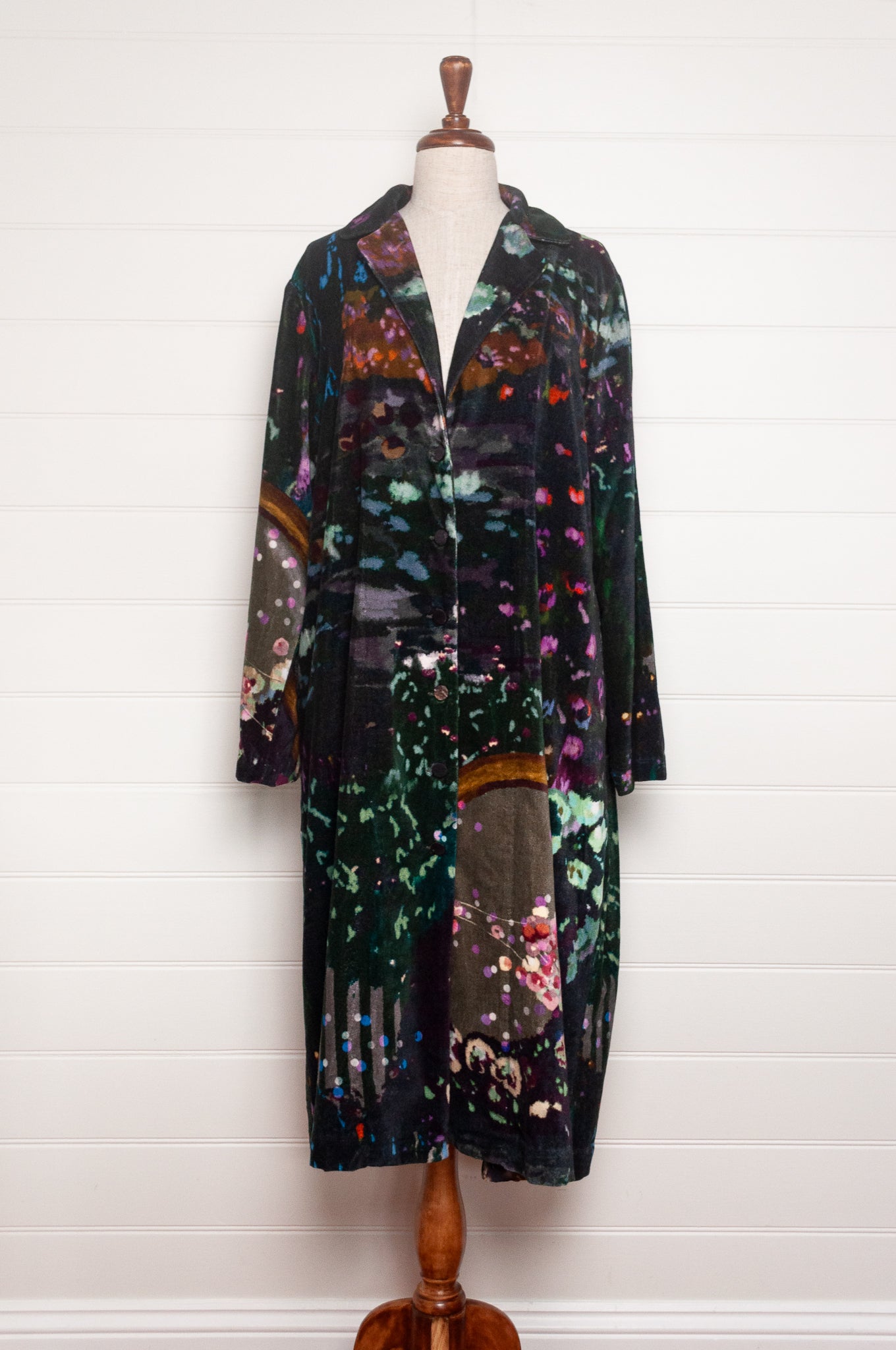 Yavi floral print cotton velvet full length coat.