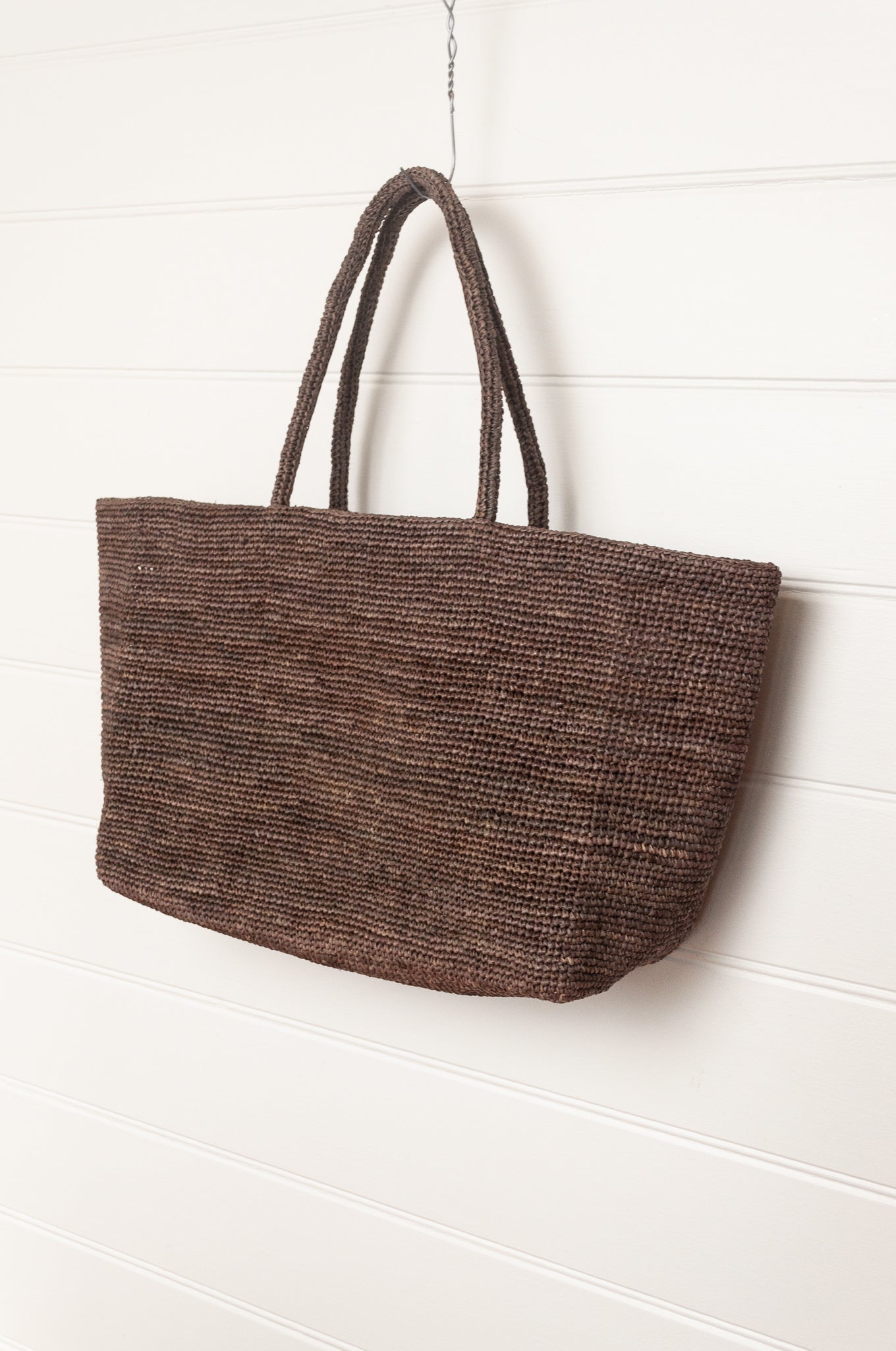 Sophie Digard large sized crocheted raffia bag in Argile deep earthy brown.
