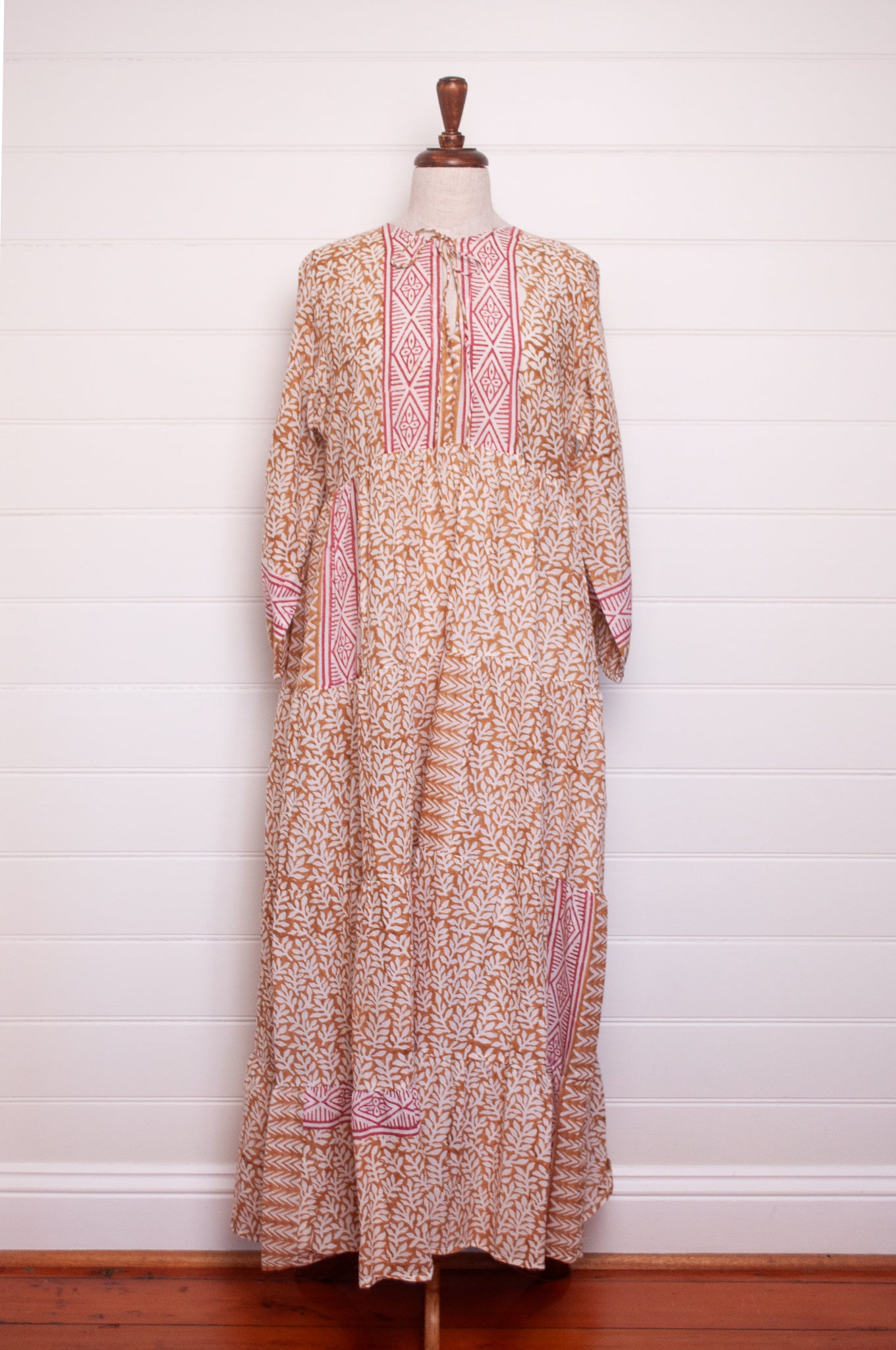 Dora Maxi dress light cotton voile blockprint maxi dress mustard on white floral with red accents.