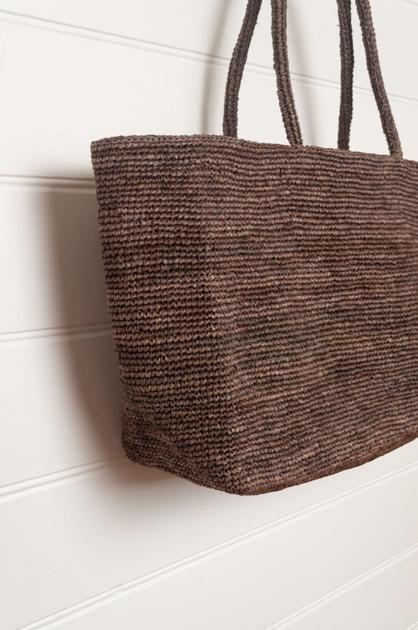 Sophie Digard large sized crocheted raffia bag in Argile deep earthy brown.