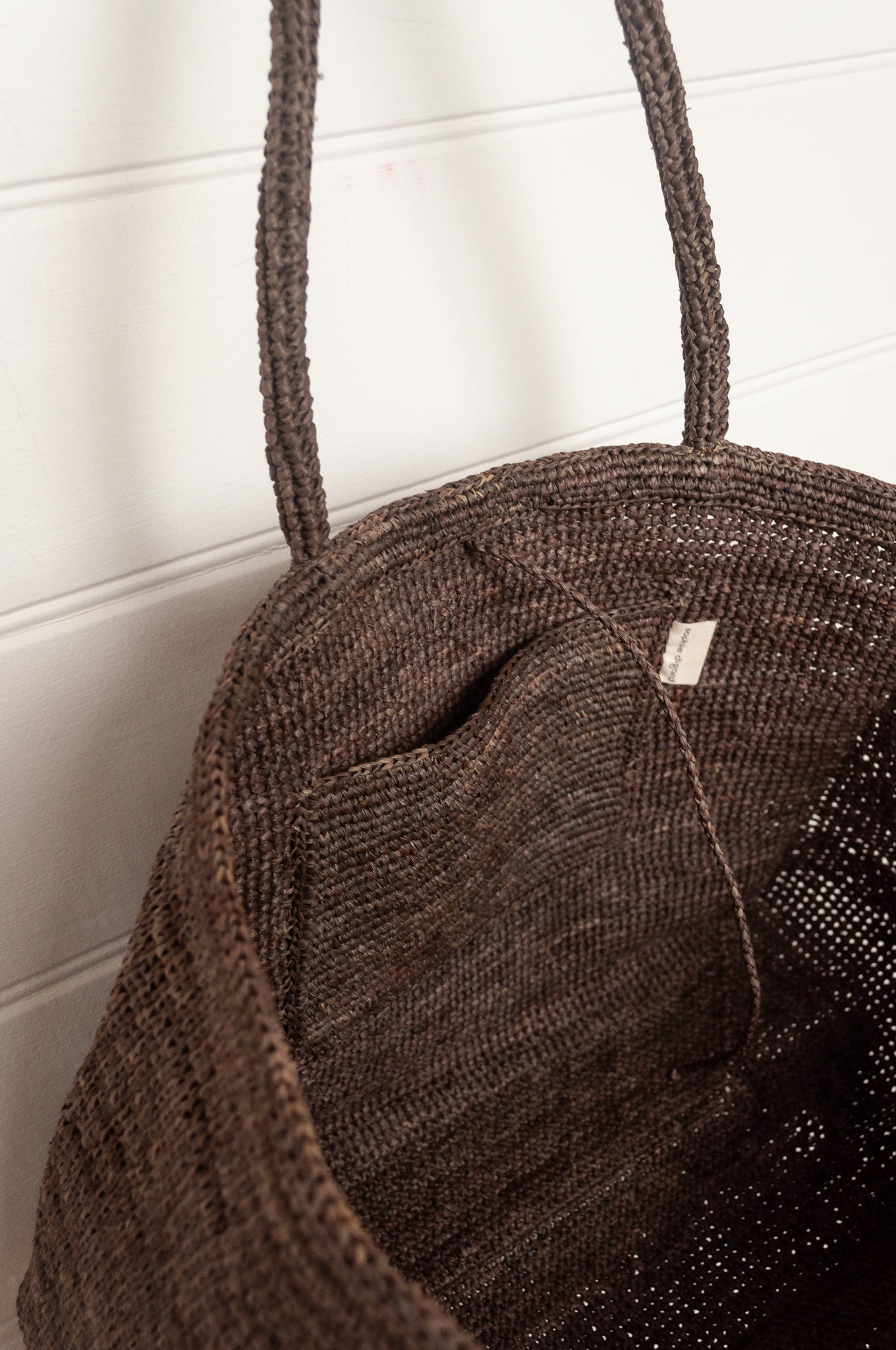 Sophie Digard large sized crocheted raffia bag in Argile deep earthy brown.